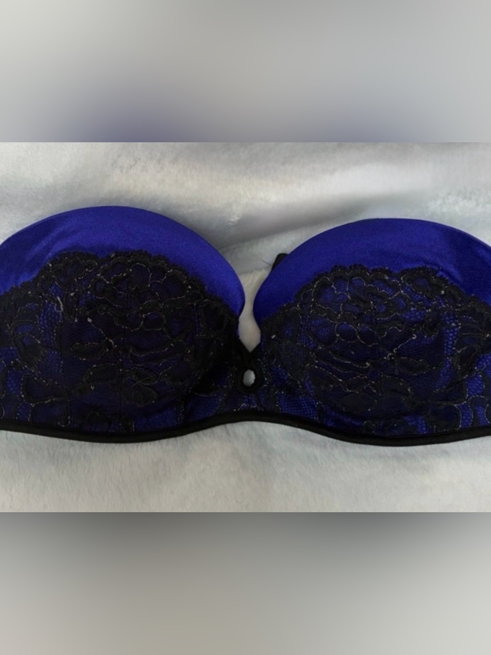 Very Sexy Strapless Satin Lace Balconette Bra — Purple with Black/Silver lace